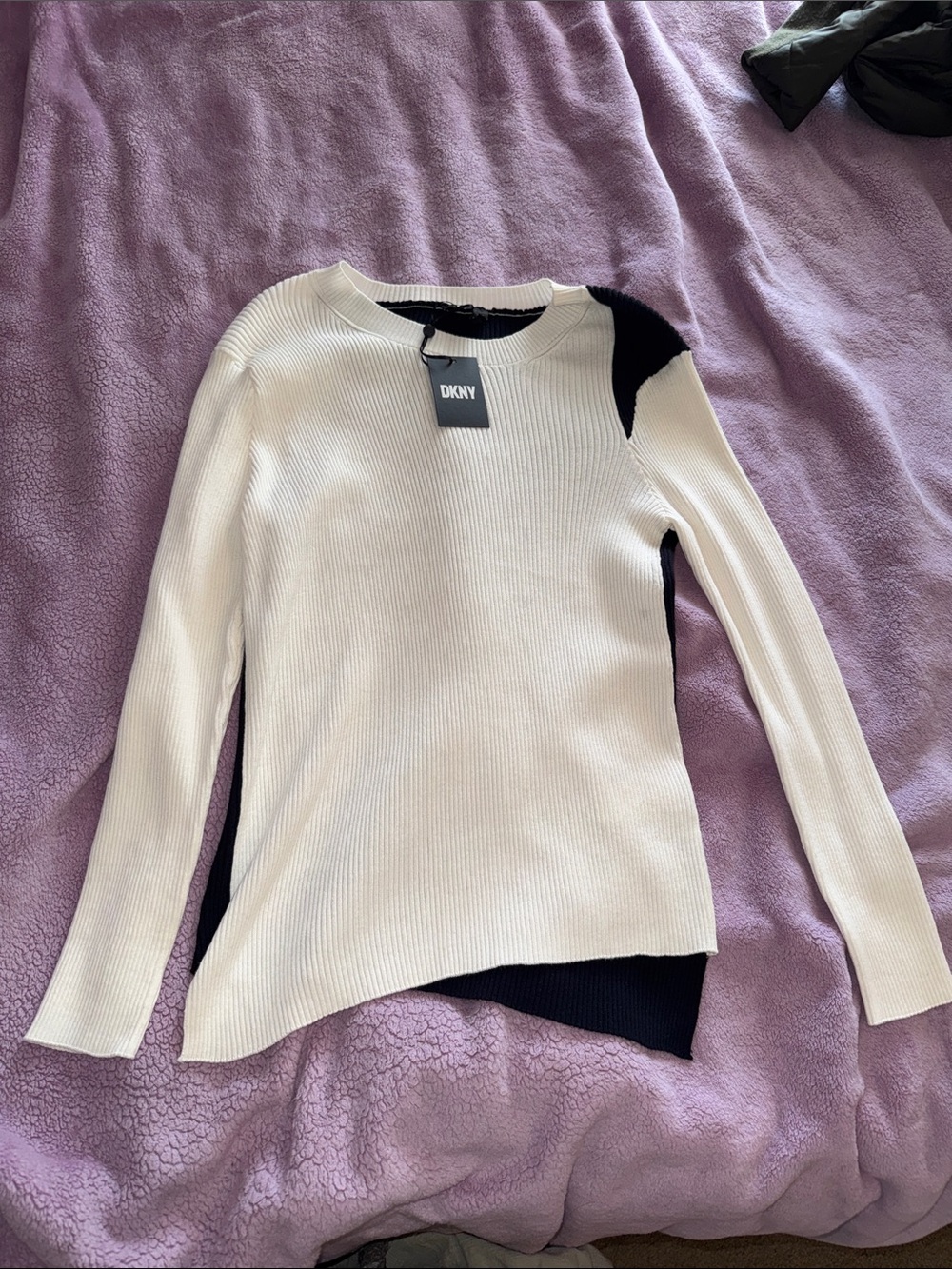 DKNY Cream and Black Ribbed Asymmetric Crewneck Sweater